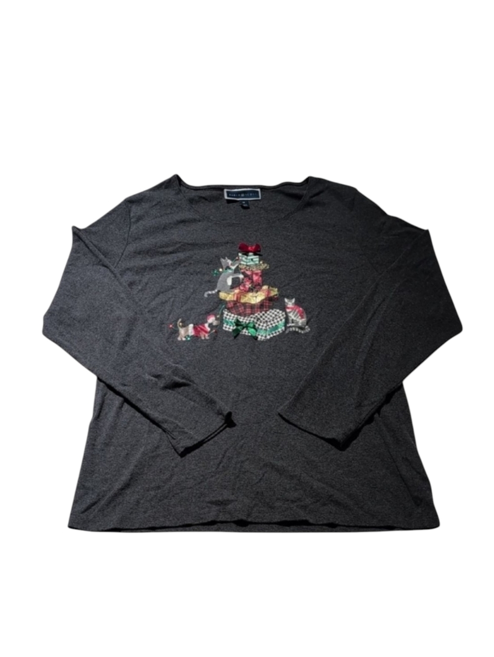 Karen Scott Gray Long Sleeve Christmas Cat/Dog Top Size 1X